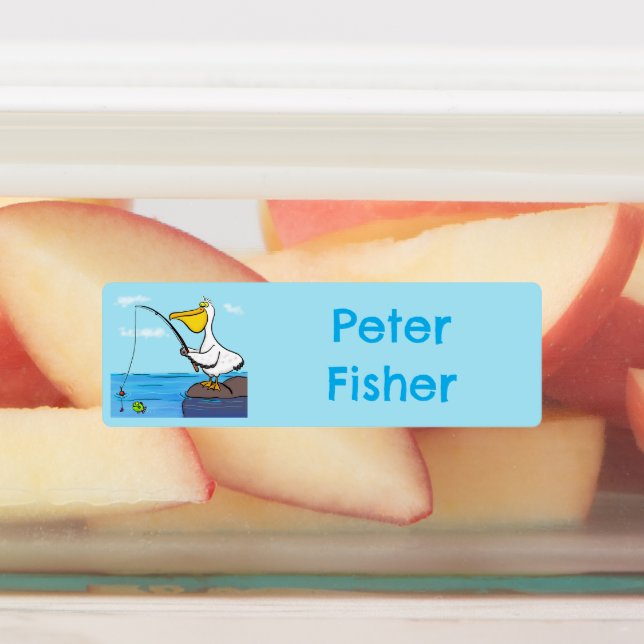 Funny fishing pelican cartoon personalized labels (Affixed)