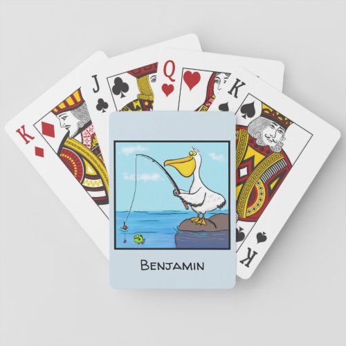 Funny fishing pelican cartoon poker cards