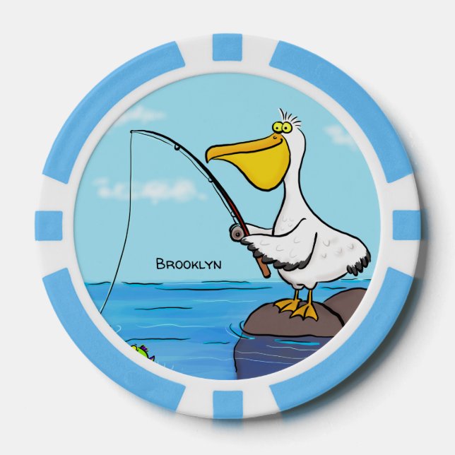 Funny fishing pelican cartoon poker chips (Front)