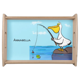 Funny fishing pelican cartoon serving tray