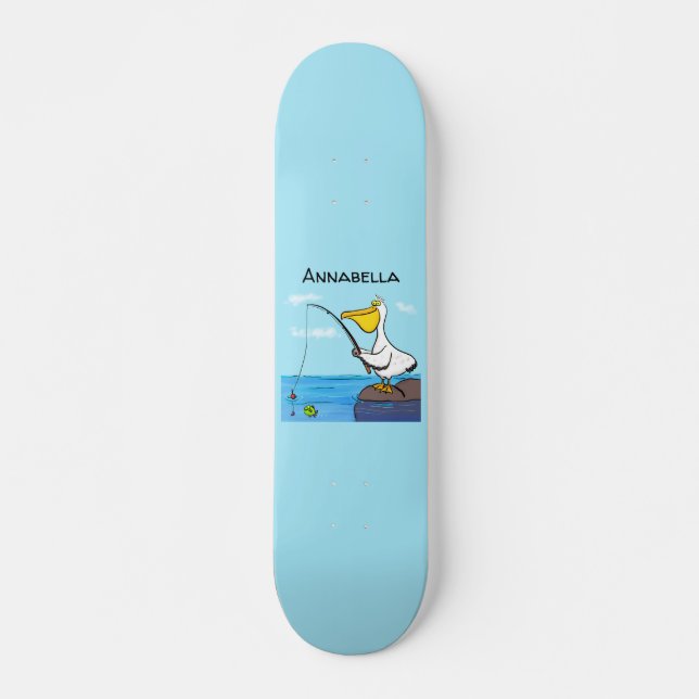 Funny fishing pelican cartoon skateboard (Front)