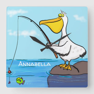 Funny fishing pelican cartoon square wall clock