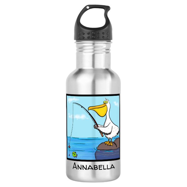 Funny fishing pelican cartoon stainless steel water bottle (Front)