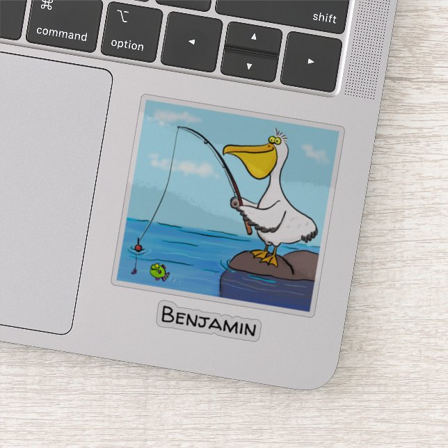 Funny fishing pelican cartoon sticker (Detail)