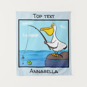 Funny fishing pelican cartoon tapestry