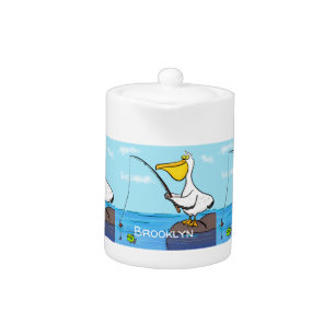Funny fishing pelican cartoon teapot