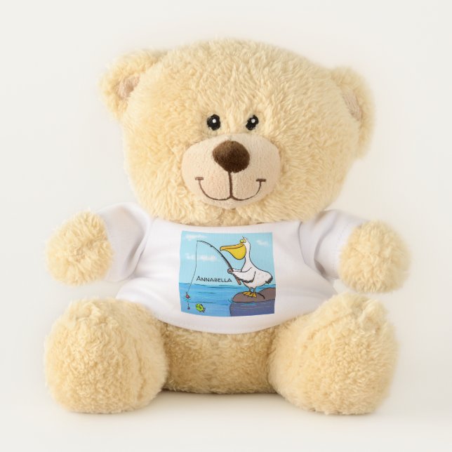 Funny fishing pelican cartoon teddy bear (Front)