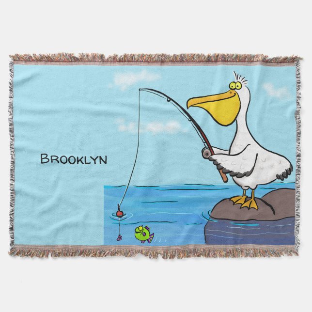 Funny fishing pelican cartoon throw blanket (Front)
