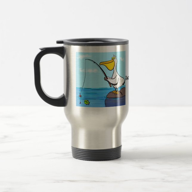Funny fishing pelican cartoon travel mug (Left)