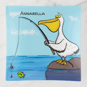 Funny fishing pelican cartoon trinket tray