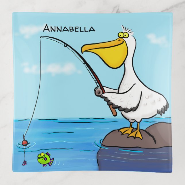 Funny fishing pelican cartoon trinket tray (Front)