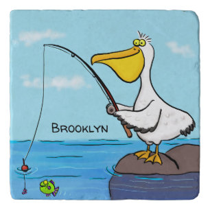 Funny fishing pelican cartoon trivet