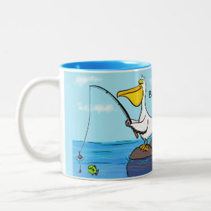 Funny fishing pelican cartoon Two-Tone coffee mug