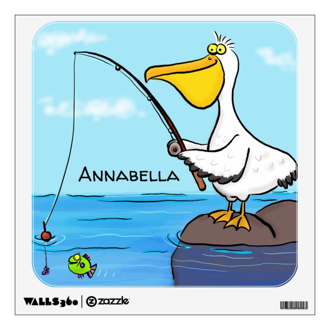 Funny fishing pelican cartoon wall decal (Front)