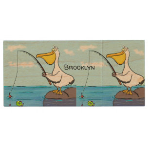Funny fishing pelican cartoon wood flash drive