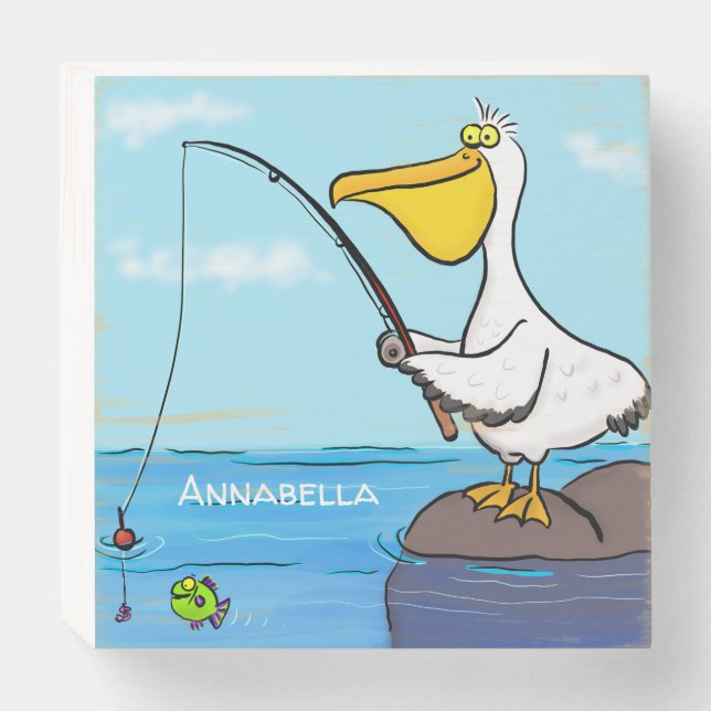 Funny fishing pelican cartoon wooden box sign (Front Horizontal)