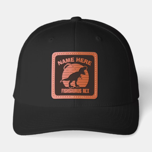 Funny Fishing Personalized Name Fishsaurus Rex Leather Patch Hat (Front)