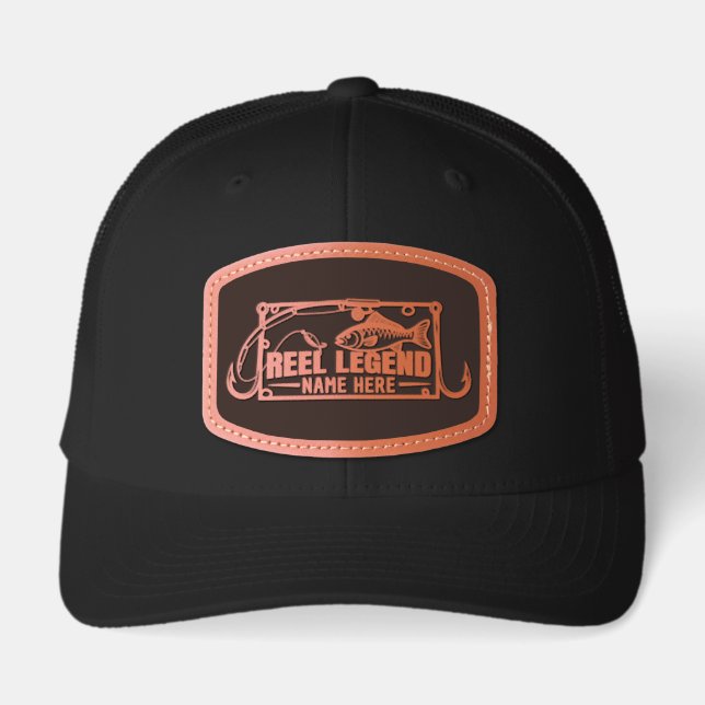 Funny Fishing Personalized Name Reel Legend Leather Patch Hat (Front)