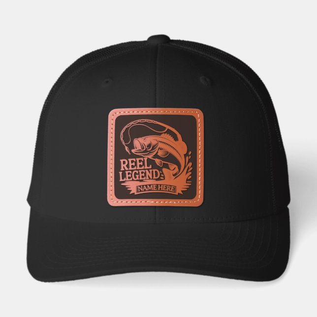 Funny Fishing Personalized Name Reel Legend Leather Patch Hat (Front)