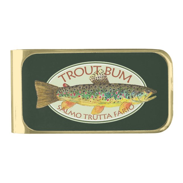 Funny Fishing TROUT BUM Gold Finish Money Clip (Front)