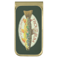 Funny Fishing TROUT BUM Gold Finish Money Clip