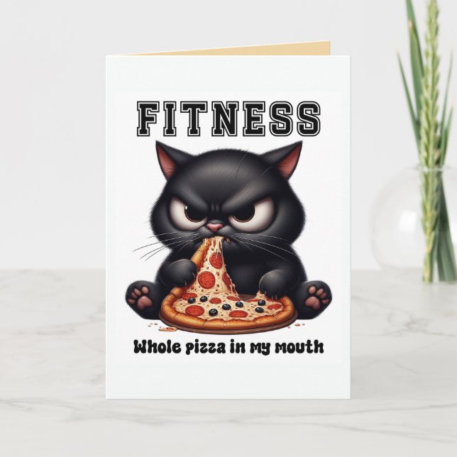 Funny Fitness Black Cat Pizza Card (Front)