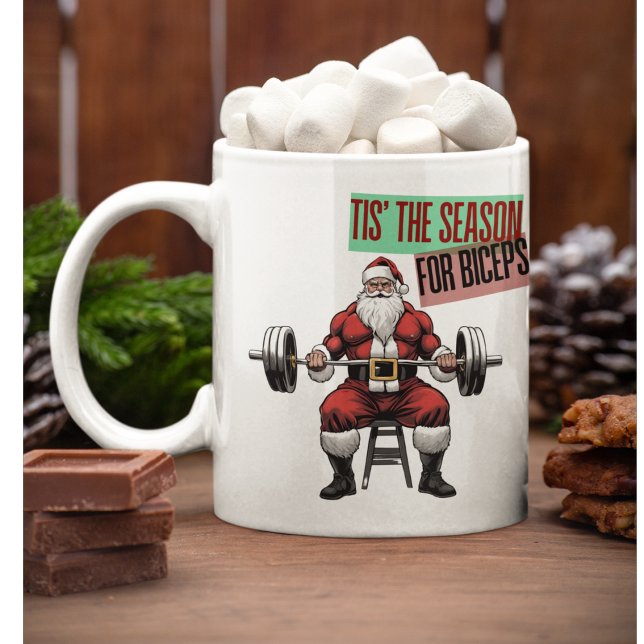 Funny Fitness Christmas Bicep Curls Barbell Santa Coffee Mug (Tis' The Season For Biceps. A gym going Santa Coffee Mug)