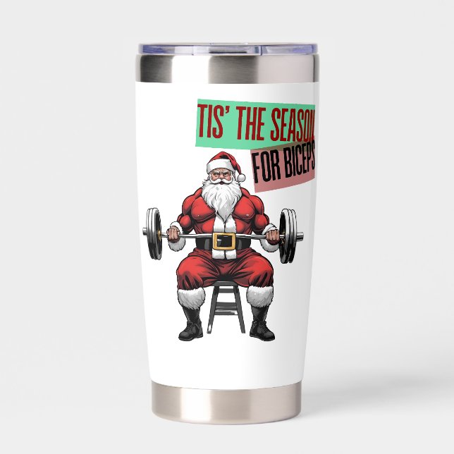 Funny Fitness Christmas Bicep Curls Barbell Santa Insulated Tumbler (Front)
