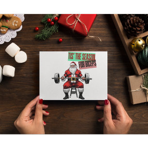 Funny Fitness Christmas Bicep Curls Barbell Santa Letterpress Thank You Card