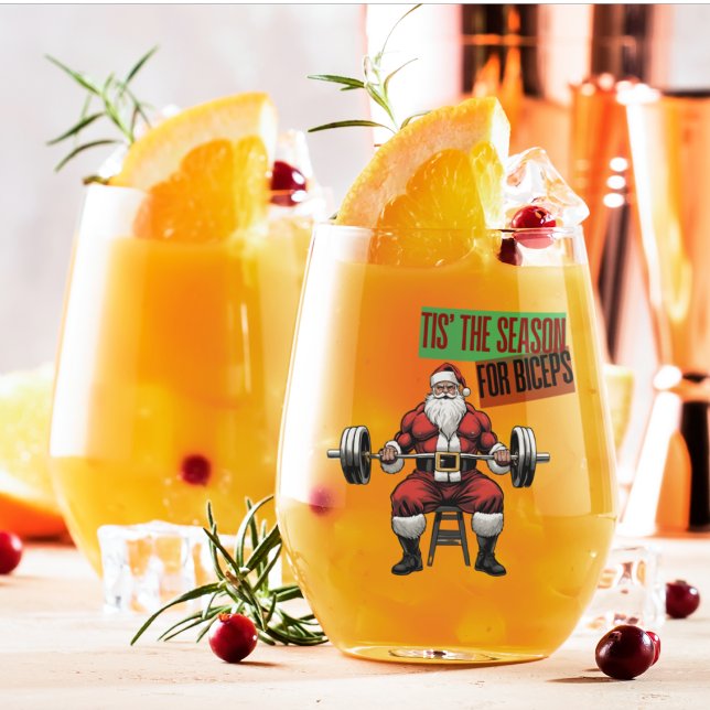 Funny Fitness Christmas Bicep Curls Barbell Santa Stemless Wine Glass (Funny Festive Santa Gym Christmas Wine Glass)