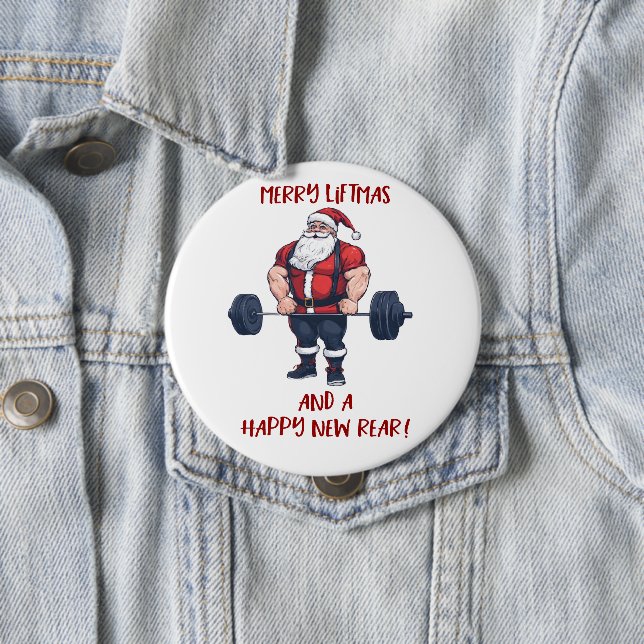 Funny Fitness Christmas Liftmas Barbell Santa Button (In Situ)