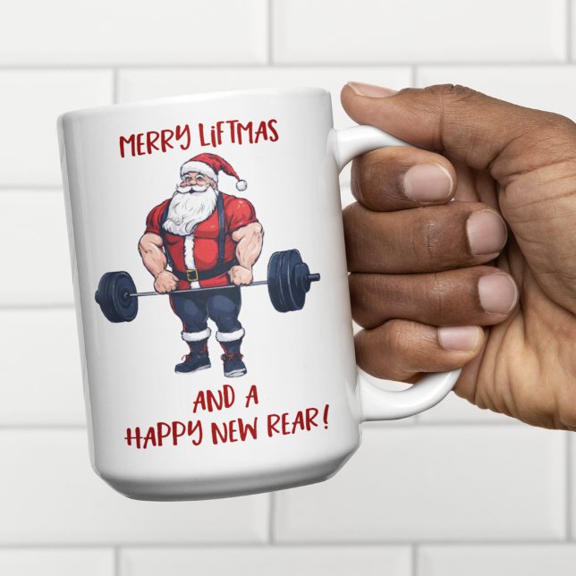 Funny Fitness Christmas Liftmas Barbell Santa Coffee Mug (Fit Santa Claus has been hitting the weights! Merry Liftmas!)