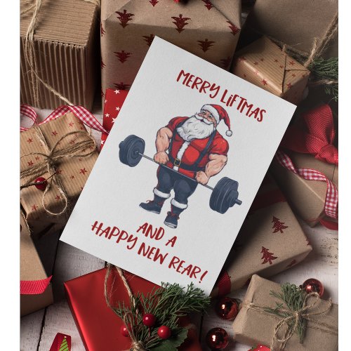 Funny Fitness Christmas Liftmas Barbell Santa Pun Thank You Card