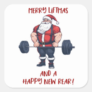 Funny Fitness Christmas Liftmas Barbell Santa Square Sticker