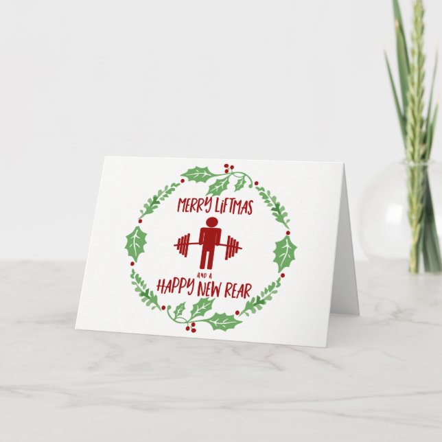 Funny Fitness Themed Christmas Liftmas Barbell Holiday Card (Front)