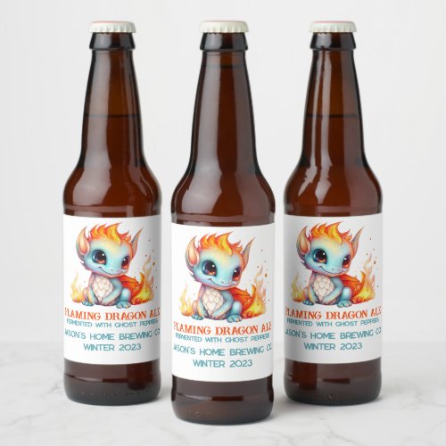 Funny Flaming Baby Dragon Home Brew Beer Beer Bottle Label