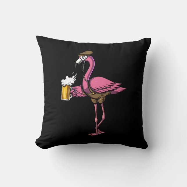 Funny Flamingo Bird Drinking Beer Party Throw Pillow (Front)