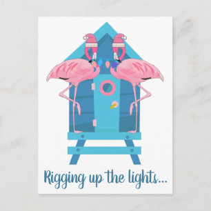 Funny Flamingo Christmas Lights Beach Hut Postcard