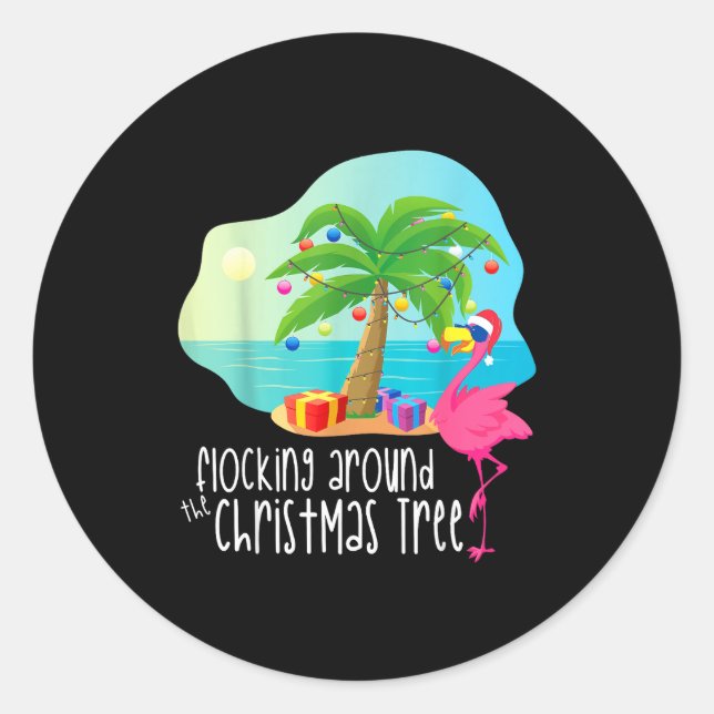 Funny Flamingo Flocking Around The Christmas Tree  Classic Round Sticker (Front)