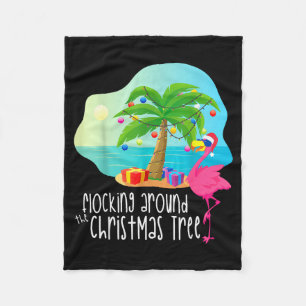 Funny Flamingo Flocking Around The Christmas Tree  Fleece Blanket