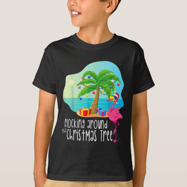 Funny Flamingo Flocking Around The Christmas Tree  T-Shirt (Front)