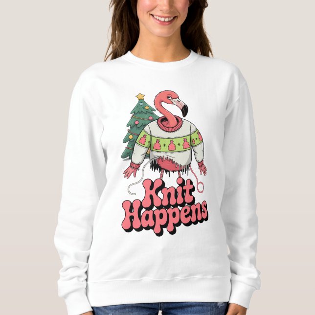 Funny Flamingo Knit Happens Ugly Christmas Sweater (Front)