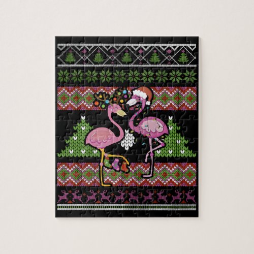 Funny Flamingo Lights Tangled Ugly Sweater Jigsaw Puzzle