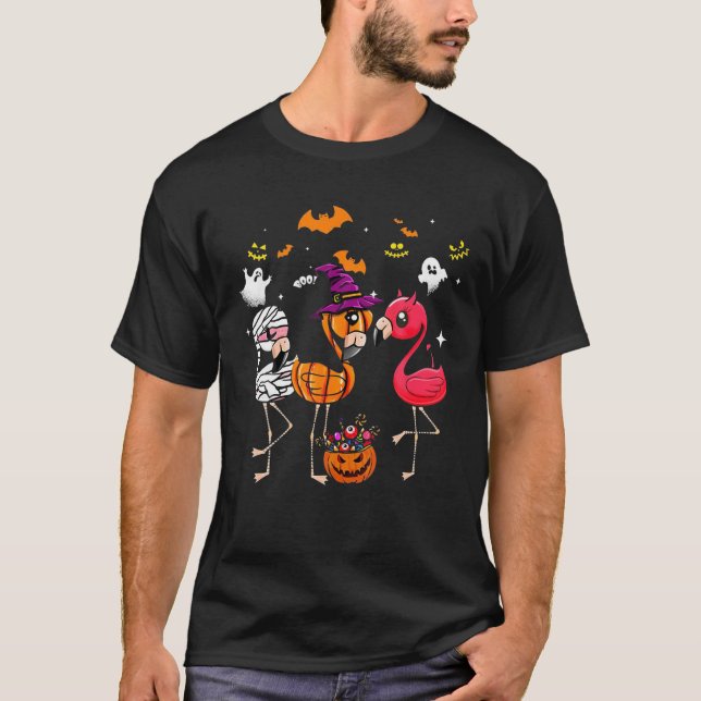 Funny Flamingo Mummy Witches Pumpkin Halloween Cos T-Shirt (Front)