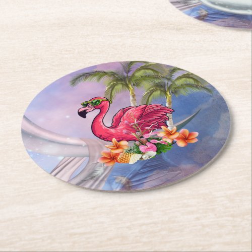 Funny flamingo round paper coaster