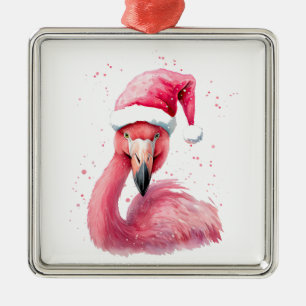 Funny flamingo santa hat Merry tropical Christmas Metal Ornament