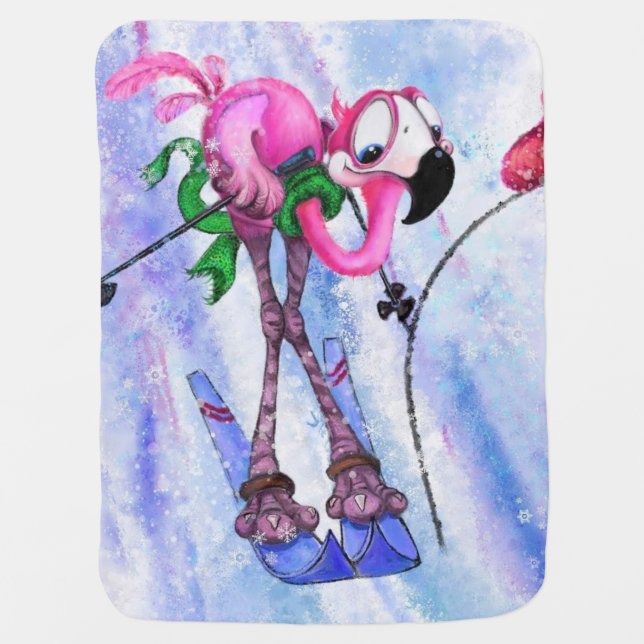 Funny Flamingo Skier Baby Blanket (Front)