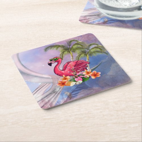 Funny flamingo square paper coaster