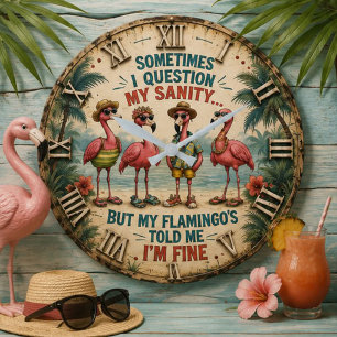 Funny Flamingo Tropical Beach Coastal Farmhouse Large Clock