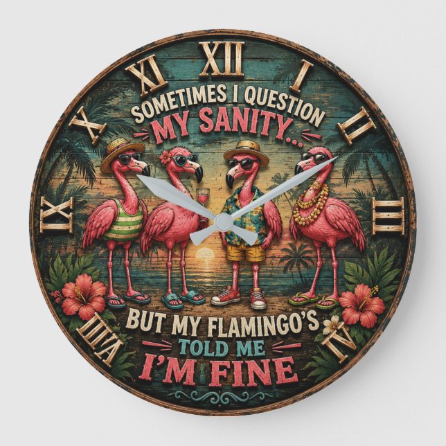 Funny Flamingo Tropical Humorous Beach House Large Clock (Front)